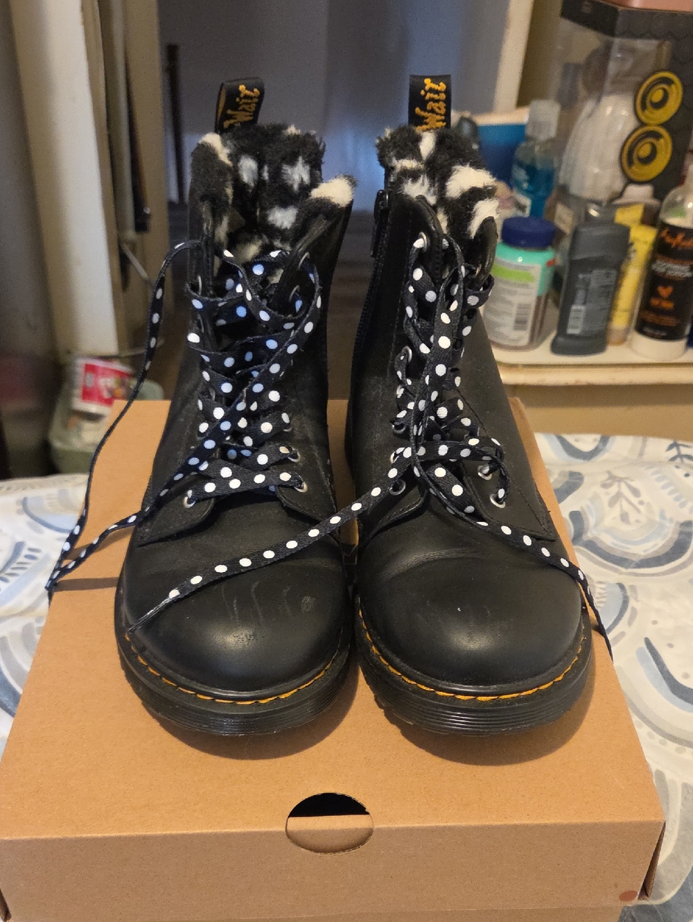 Dr. Martens Black Lace-Up Women's Combat Boots with Faux-Fur Trim